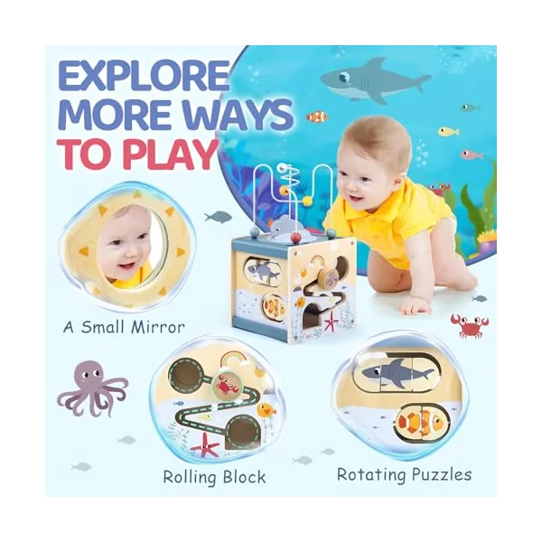 Airlab Wooden Activity Cube Toddler Montessori Toys and Wooden Activity Cube Baby Toys Ocean Theme