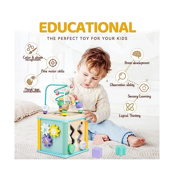 Airlab Wooden Activity Cube Toddler Montessori Toys and Wooden Activity Cube Baby Toys Ocean Theme