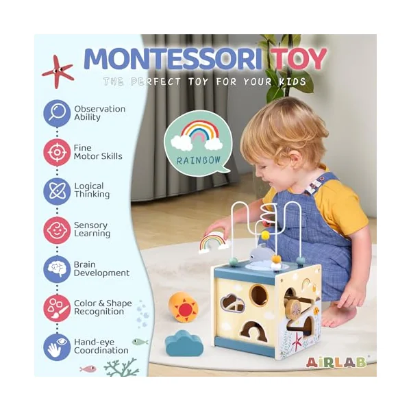 Airlab Wooden Activity Cube Toddler Montessori Toys and Wooden Activity Cube Baby Toys Ocean Theme