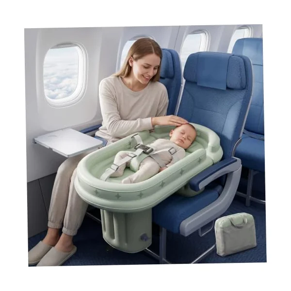 Airplane Bed For Toddler, Height Adjustable Inflatable Toddler Travel Bed with Hand Pump, Safety Guardrails and Belt for Plane, Train, Car