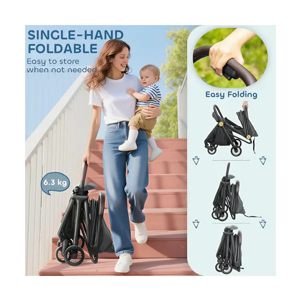 AIYAPLAY Baby Stroller Foldable Adjustable Seat from Birth 6.3kg Dark Grey | Travel Pushchair, 5-Point Harness, Canopy, All Wheels Suspension, Storage Basket, Lightweight & Compact, to 3 Years