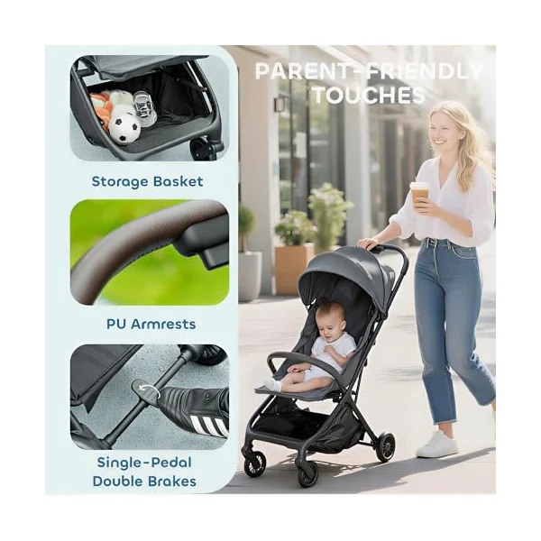 AIYAPLAY Baby Stroller Foldable Adjustable Seat from Birth 6.3kg Dark Grey | Travel Pushchair, 5-Point Harness, Canopy, All Wheels Suspension, Storage Basket, Lightweight & Compact, to 3 Years