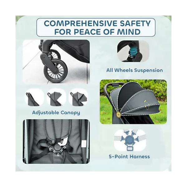 AIYAPLAY Baby Stroller Foldable Adjustable Seat from Birth 6.3kg Dark Grey | Travel Pushchair, 5-Point Harness, Canopy, All Wheels Suspension, Storage Basket, Lightweight & Compact, to 3 Years