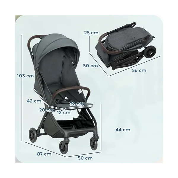 AIYAPLAY Baby Stroller Foldable Adjustable Seat from Birth 6.3kg Dark Grey | Travel Pushchair, 5-Point Harness, Canopy, All Wheels Suspension, Storage Basket, Lightweight & Compact, to 3 Years