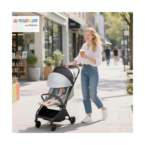 AIYAPLAY Baby Stroller Foldable Adjustable Seat from Birth 6.3kg Light Grey | Travel Pushchair, 5-Point Harness, Canopy, All Wheels Suspension, Storage Basket, Lightweight & Compact, to 3 Years