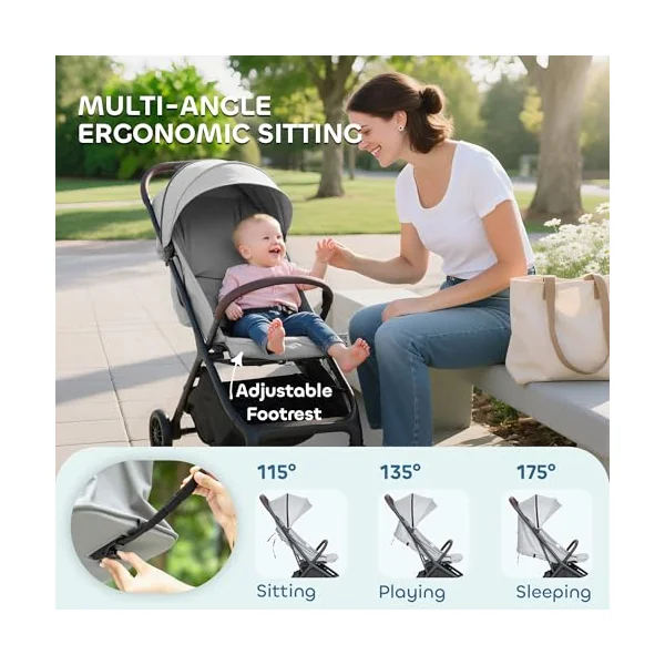AIYAPLAY Baby Stroller Foldable Adjustable Seat from Birth 6.3kg Light Grey | Travel Pushchair, 5-Point Harness, Canopy, All Wheels Suspension, Storage Basket, Lightweight & Compact, to 3 Years