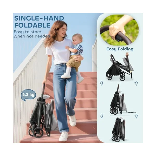 AIYAPLAY Baby Stroller Foldable Adjustable Seat from Birth 6.3kg Light Grey | Travel Pushchair, 5-Point Harness, Canopy, All Wheels Suspension, Storage Basket, Lightweight & Compact, to 3 Years