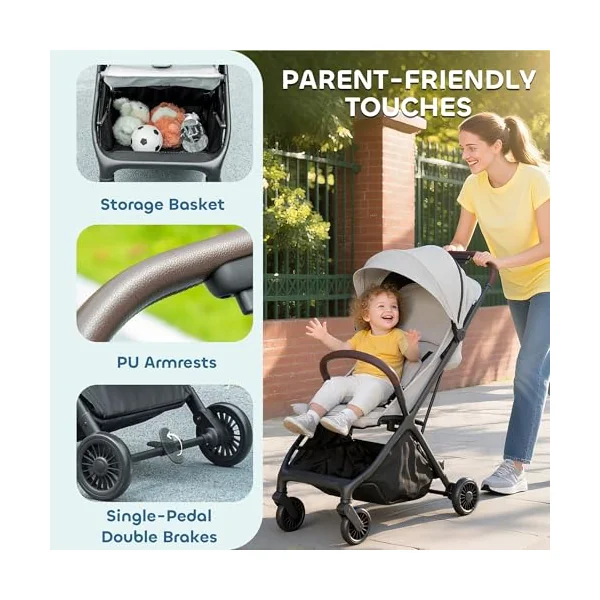 AIYAPLAY Baby Stroller Foldable Adjustable Seat from Birth 6.3kg Light Grey | Travel Pushchair, 5-Point Harness, Canopy, All Wheels Suspension, Storage Basket, Lightweight & Compact, to 3 Years