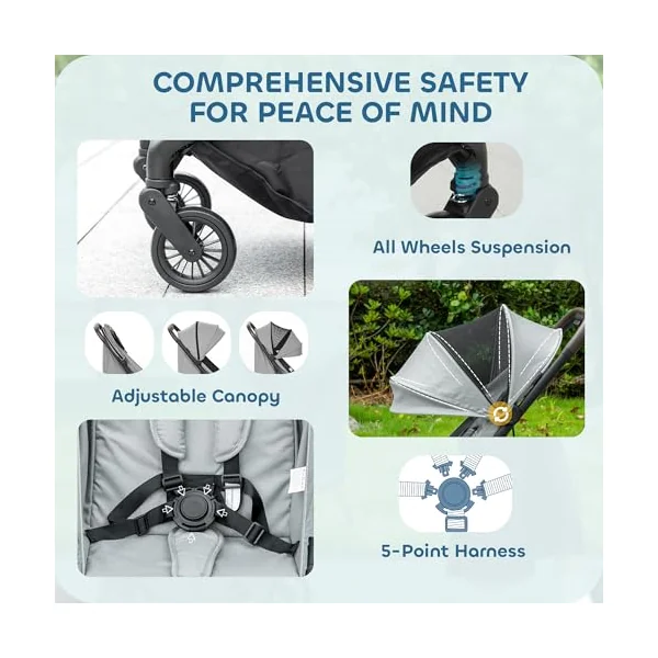 AIYAPLAY Baby Stroller Foldable Adjustable Seat from Birth 6.3kg Light Grey | Travel Pushchair, 5-Point Harness, Canopy, All Wheels Suspension, Storage Basket, Lightweight & Compact, to 3 Years