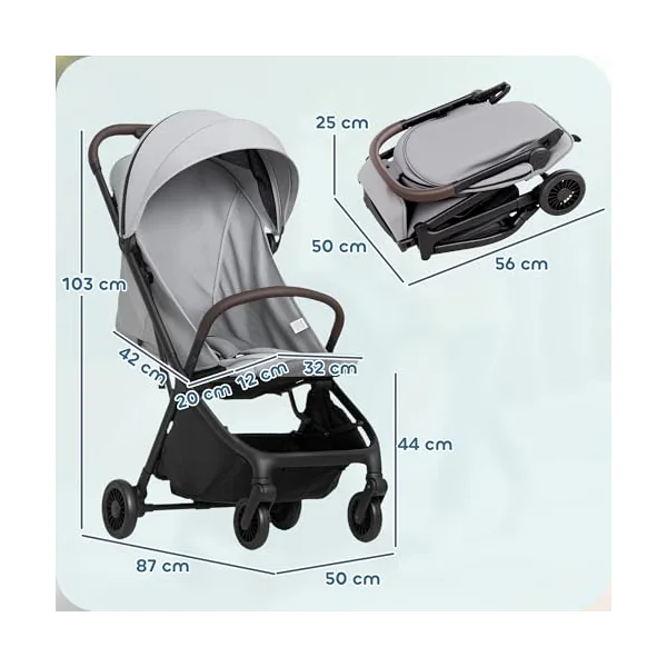 AIYAPLAY Baby Stroller Foldable Adjustable Seat from Birth 6.3kg Light Grey | Travel Pushchair, 5-Point Harness, Canopy, All Wheels Suspension, Storage Basket, Lightweight & Compact, to 3 Years