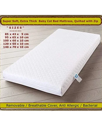 Am Baby Cot Bed Mattress with Quilted Removable Washable Cover 140 x 70 x 5 cm, HQ Foam Extra Thick & Super Soft Quality - Made in UK