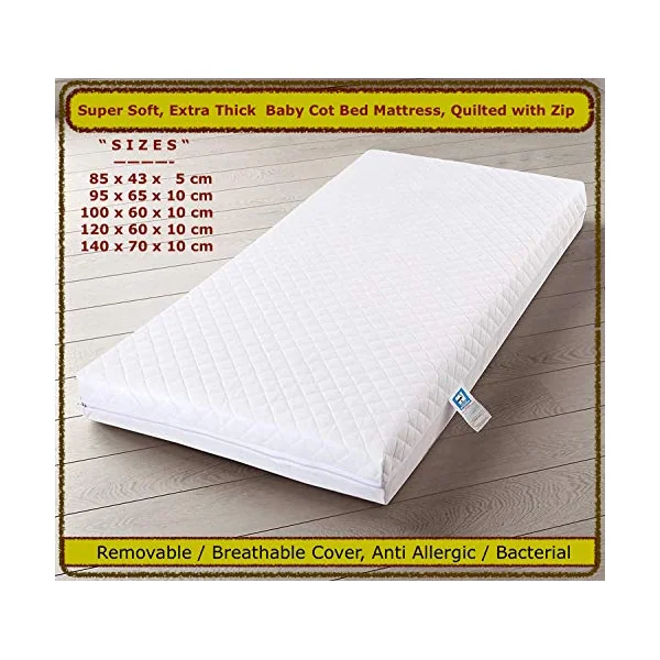 Am Baby Cot Bed Mattress with Quilted Removable Washable Cover 140 x 70 x 5 cm, HQ Foam Extra Thick & Super Soft Quality - Made in UK