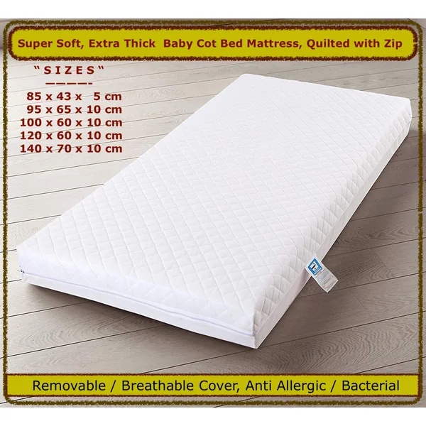 Am Baby Cot Bed Mattress with Quilted Removable Washable Cover 140 x 70 x 5 cm, HQ Foam Extra Thick & Super Soft Quality - Made in UK