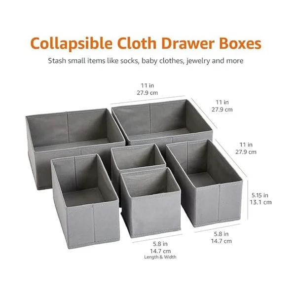 Amazon Basics Clothes Organiser for Wardrobe, Collapsible Colthes Drawer Organiser/Dividers, for Wardrobe Bedroom or Kitchen, Set of 6, Grey (Pack of 2)