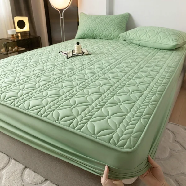 AMDXD Green Bed Sheet with 2 Pillowcases 180 x 220 cm Set 3-Piece Soft 3D Pattern Fitted Sheets Winter Plain Mattress Protector Polyester Cotton Sheet for Bed for Box Spring Bed and Water Bed