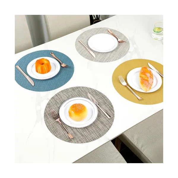 AMDXD Set of 2 Placemats Washable Round 70% Vinyl 30% Polyester Place Mats Modern European Style Woven Texture Heat Resistant Table Coasters Washable Round Blue for Table Bar 35 cm
