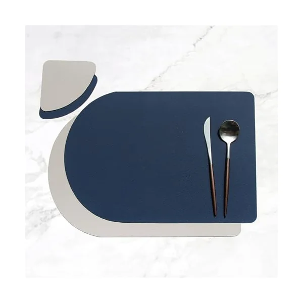 AMDXD Set of 4 Place Mats Natural with Coasters, Oval, PU Leather Place Mats, Modern, Reversible, Two-Tone, Plain, Heat-Resistant, Dining Table Mat, Navy Blue, Grey for Restaurant, 30 x 44 cm