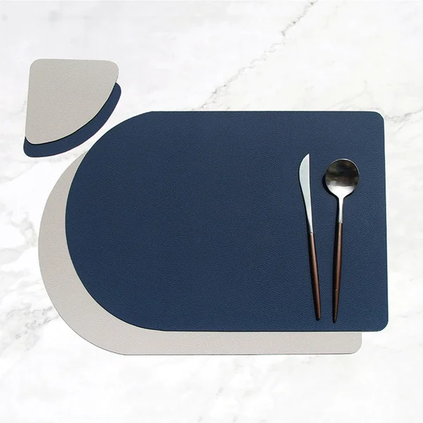 AMDXD Set of 4 Place Mats Natural with Coasters, Oval, PU Leather Place Mats, Modern, Reversible, Two-Tone, Plain, Heat-Resistant, Dining Table Mat, Navy Blue, Grey for Restaurant, 30 x 44 cm