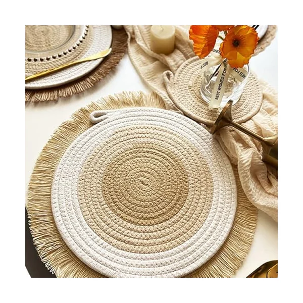AMDXD Set of 4 Place Mats Washable Boy Round Cotton Linen Place Mats Christmas Modern Woven Heat Resistant Table Mat Desk Beige Yellow for Kitchen and Restaurant 30 cm