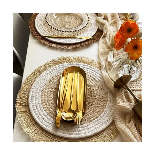 AMDXD Set of 4 Place Mats Washable Boy Round Cotton Linen Place Mats Christmas Modern Woven Heat Resistant Table Mat Desk Beige Yellow for Kitchen and Restaurant 30 cm