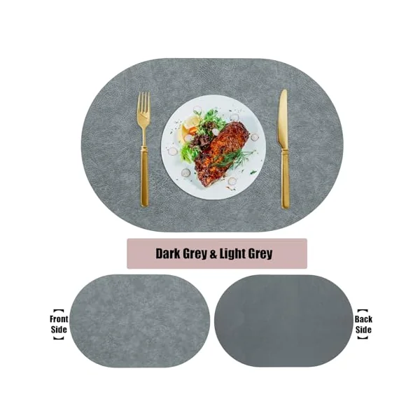 AMDXD Set of 4 Place Mats Washable Oval PVC Leather Place Mats Christmas Reversible Plain Cowhide Texture Non-Slip Table Coasters Natural Grey for Restaurant 30 x 45 cm