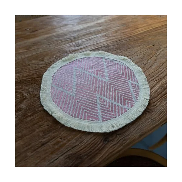 AMDXD Set of 6 Boho Round Polyester Cotton Table Place Mats Boho Wave Stripes Pattern with Tassel Non-Slip Table Coasters Washable Round Rose Beige for Table, Bar and Kitchen, 30 cm