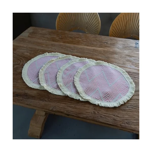 AMDXD Set of 6 Boho Round Polyester Cotton Table Place Mats Boho Wave Stripes Pattern with Tassel Non-Slip Table Coasters Washable Round Rose Beige for Table, Bar and Kitchen, 30 cm