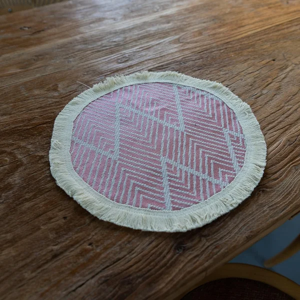 AMDXD Set of 6 Boho Round Polyester Cotton Table Place Mats Boho Wave Stripes Pattern with Tassel Non-Slip Table Coasters Washable Round Rose Beige for Table, Bar and Kitchen, 30 cm