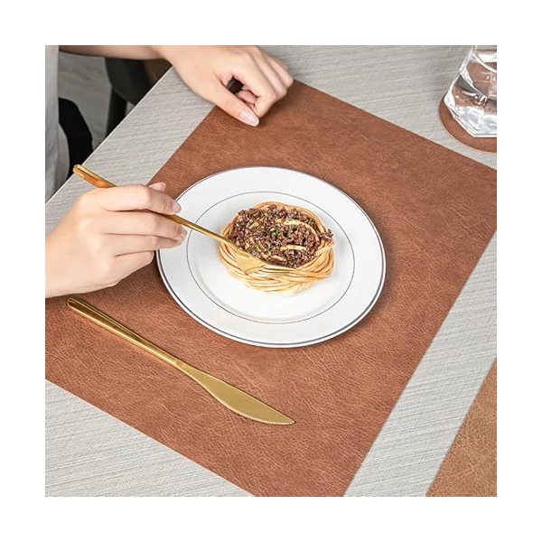 AMDXD Set of 6 Christmas Placemats, Square, PVC Leather Place Mats, Christmas, Washable, Reversible, Plain Cowhide Texture, Table Coasters, Living Room, Orange Brown, 30 x 43 cm