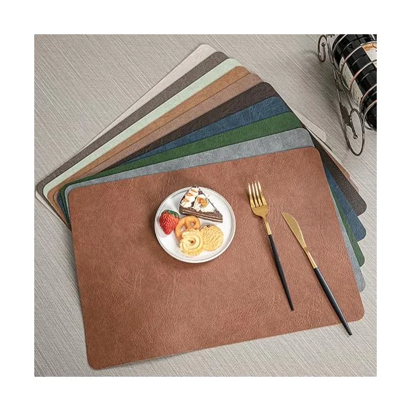 AMDXD Set of 6 Christmas Placemats, Square, PVC Leather Place Mats, Christmas, Washable, Reversible, Plain Cowhide Texture, Table Coasters, Living Room, Orange Brown, 30 x 43 cm