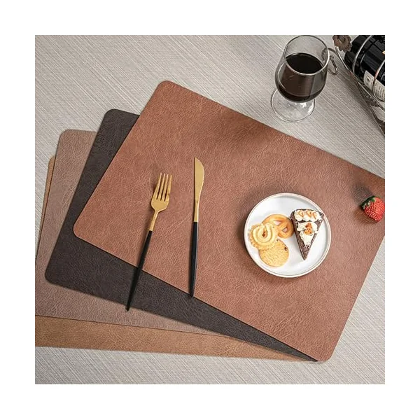AMDXD Set of 6 Christmas Placemats, Square, PVC Leather Place Mats, Christmas, Washable, Reversible, Plain Cowhide Texture, Table Coasters, Living Room, Orange Brown, 30 x 43 cm