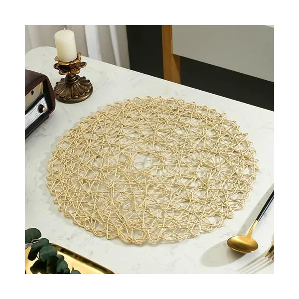 AMDXD Set of 8 Desk Place Mats, PVC Braided Hollow, Non-Slip, Washable, Round Place Mats for Dining Table, Anti-Fouling, Khaki, 38 cm