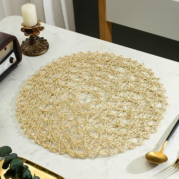 AMDXD Set of 8 Desk Place Mats, PVC Braided Hollow, Non-Slip, Washable, Round Place Mats for Dining Table, Anti-Fouling, Khaki, 38 cm