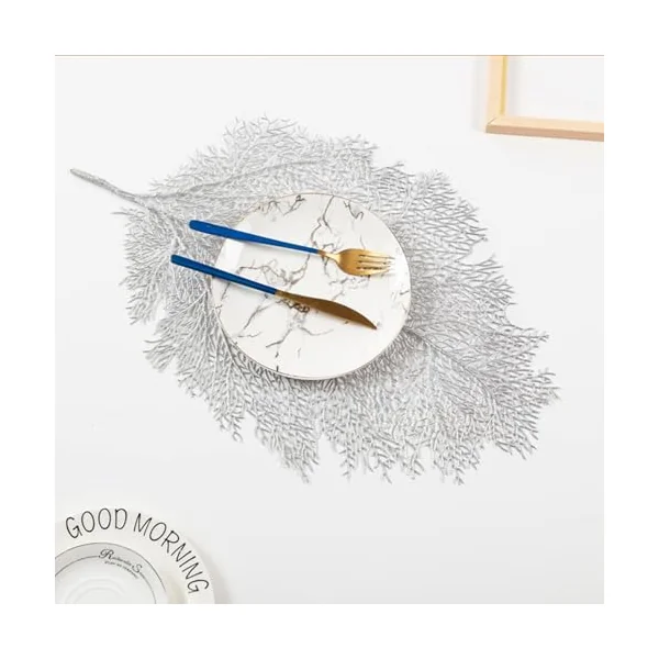 AMDXD Wipe Clean Place Mat 37 x 57 cm, PVC Coral Branch Pattern Washable with Motif Square Place Mats for Home Restaurant, Silver, 4 Pieces