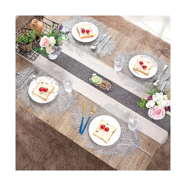 AMDXD Wipe Clean Place Mat 37 x 57 cm, PVC Coral Branch Pattern Washable with Motif Square Place Mats for Home Restaurant, Silver, 4 Pieces
