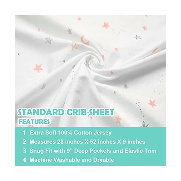 American Baby Company 100% Natural Cotton Fitted Crib Sheet 52" x 28" - Soft, Breathable, Hypoallergenic & Gentle Toddler Bed Sheet, Pink Stars and Moon, Neutral for Boys & Girls