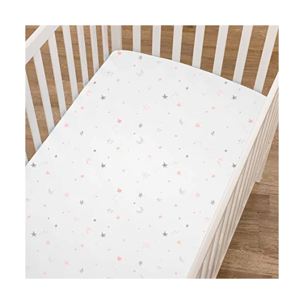 American Baby Company 100% Natural Cotton Fitted Crib Sheet 52" x 28" - Soft, Breathable, Hypoallergenic & Gentle Toddler Bed Sheet, Pink Stars and Moon, Neutral for Boys & Girls