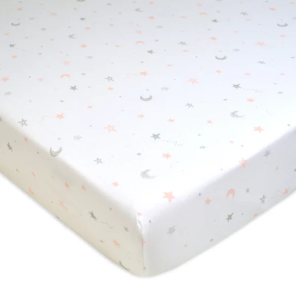 American Baby Company 100% Natural Cotton Fitted Crib Sheet 52" x 28" - Soft, Breathable, Hypoallergenic & Gentle Toddler Bed Sheet, Pink Stars and Moon, Neutral for Boys & Girls