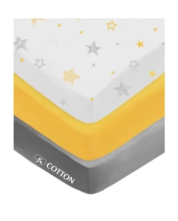 American Baby Company 3 Pack 100% Natural Cotton Fitted Crib Sheets, 52" x 28" Standard Size, Soft Breathable Hypoallergenic Toddler Bed Sheets, Yellow Star/Yellow/Gray, Neutral for Boys & Girls