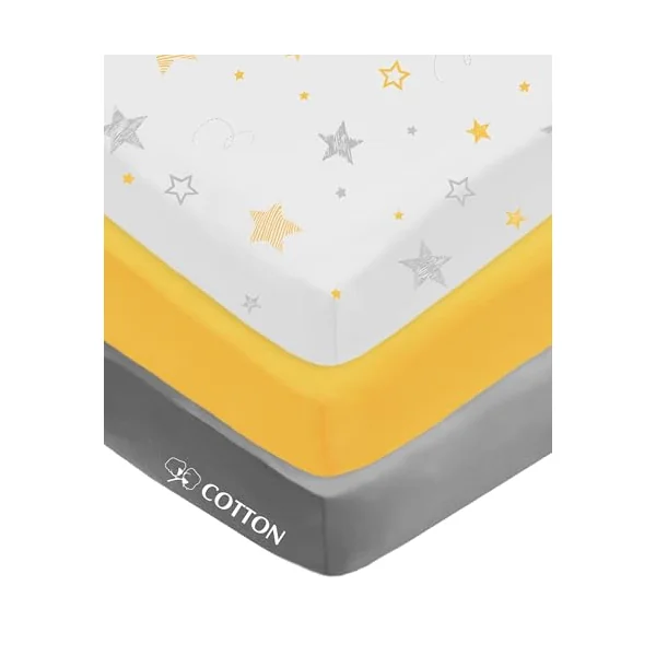 American Baby Company 3 Pack 100% Natural Cotton Fitted Crib Sheets, 52" x 28" Standard Size, Soft Breathable Hypoallergenic Toddler Bed Sheets, Yellow Star/Yellow/Gray, Neutral for Boys & Girls