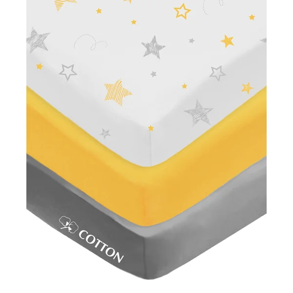 American Baby Company 3 Pack 100% Natural Cotton Fitted Crib Sheets, 52" x 28" Standard Size, Soft Breathable Hypoallergenic Toddler Bed Sheets, Yellow Star/Yellow/Gray, Neutral for Boys & Girls