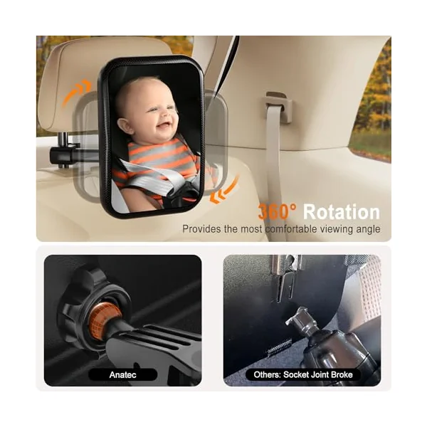Anatec Baby Car Mirror, Car Seat Mirror for Rear Facing, Upgraded Safety Car Mirror for Infant Newborn with Hook Clip Design Non-Shaking Wide Crystal View Shatterproof Crash Tested Adjustable Easy