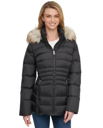 Andrew Marc Women's Short Down Jacket with Faux Fur Trim Hood in Black, Small