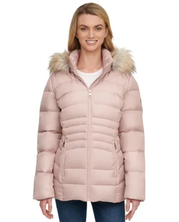 Andrew Marc Women's Short Down Jacket with Faux Fur Trim Hood in Dusk Rose, Medium