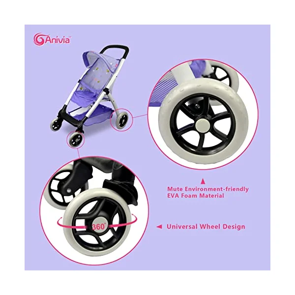 ANIVIA Doll Umbrella Stroller, Toys Baby Doll Stroller for Toddlers with Basket and Mute Wheels, Ideal for Baby Dolls up to 18" Purple