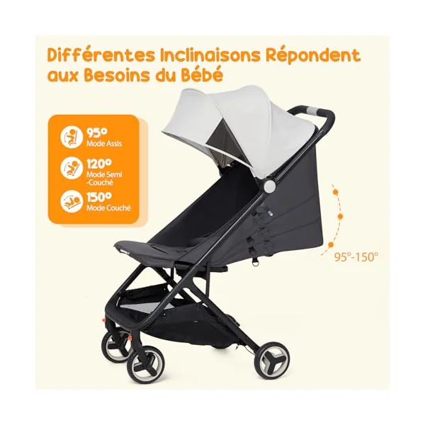 Aptliton Ultra-Compact Travel Stroller, Cabin Approved Pushchair for Baby & Toddler up to 15kg (0-4 Years), Lightweight Fold, Recline 95-150°, Compact Stroller for Airplane Travel