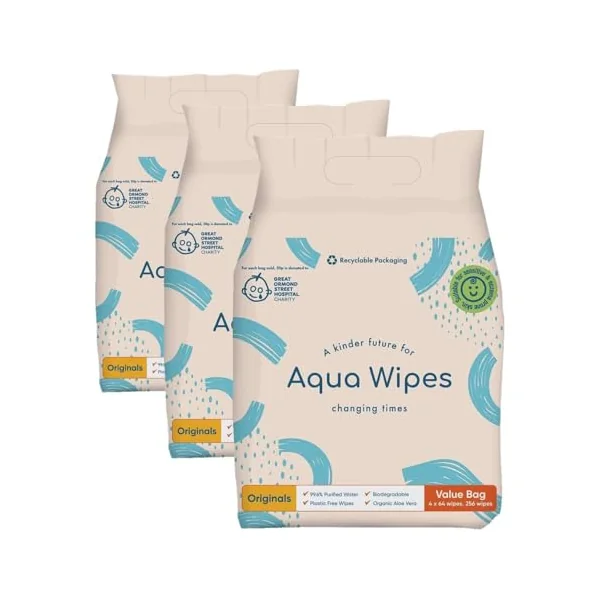 Aqua Wipes Originals Baby Wipes - Vegan Friendly Biodegradable Natural Wipes - 99.6% Purified Water Dermatologically Tested Eco Wipes - Organic Wipes with Aloe Vera Leaf Extract - Bundle of 12 packs