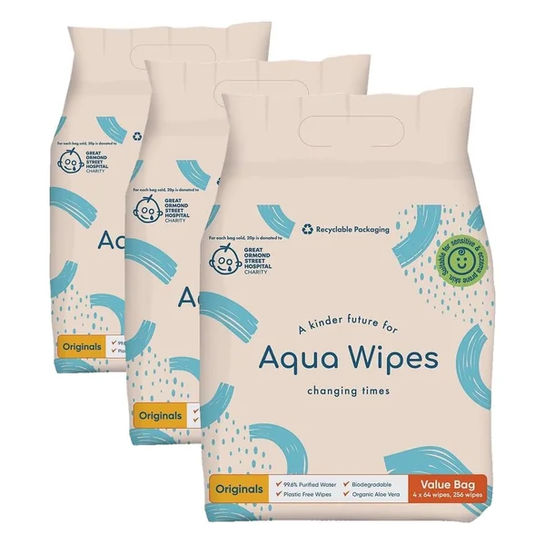 Aqua Wipes Originals Baby Wipes - Vegan Friendly Biodegradable Natural Wipes - 99.6% Purified Water Dermatologically Tested Eco Wipes - Organic Wipes with Aloe Vera Leaf Extract - Bundle of 12 packs