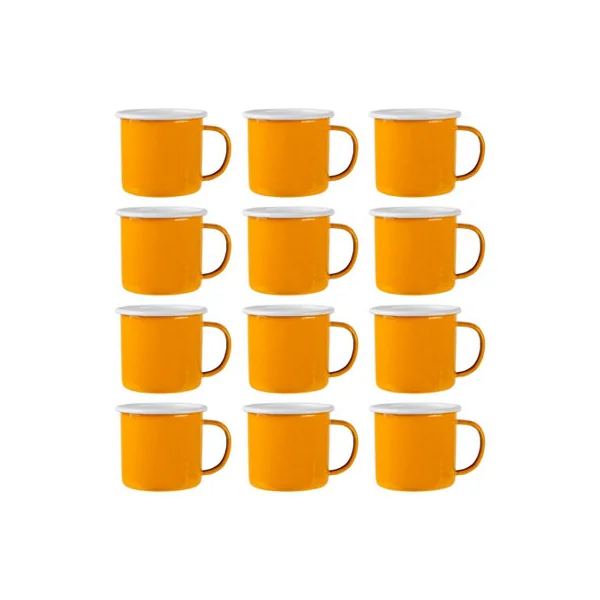 Argon Tableware 375ml Enamel Mugs - Yellow - Set of 12 Metal Drinking Cups Coffee Teacup Mug Set Hot, Cold Drinks Cups