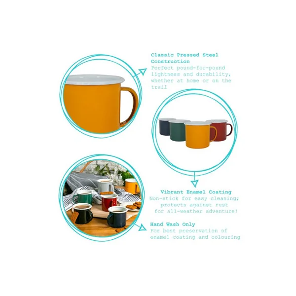 Argon Tableware 375ml Enamel Mugs - Yellow - Set of 12 Metal Drinking Cups Coffee Teacup Mug Set Hot, Cold Drinks Cups